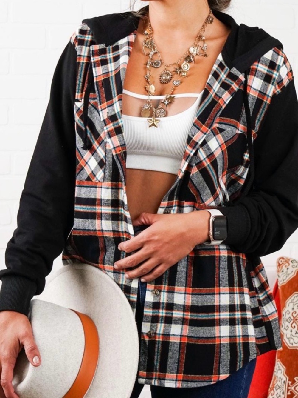Ambiance | NIP Hooded Plaid Flannel Oversized Boyfriend Style Shacket Shirt S - Picture 2 of 5